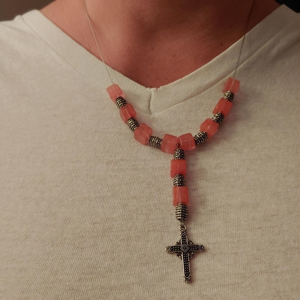 Handmade Necklace Pink Quartz & metal barrel spacers w/ metal cross Necklace - Picture 3 of 3